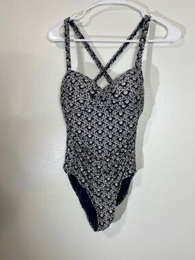 Navy & White Patterned One-Piece Swimsuit with Crisscross Back
